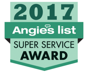 A green badge with the words " angie 's list super service award 2 0 1 7 ".